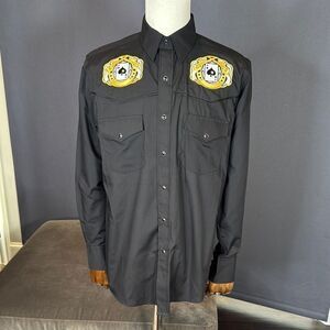 Black Western Dress Shirt Embroidered Patches Snap Buttons Size M NWT